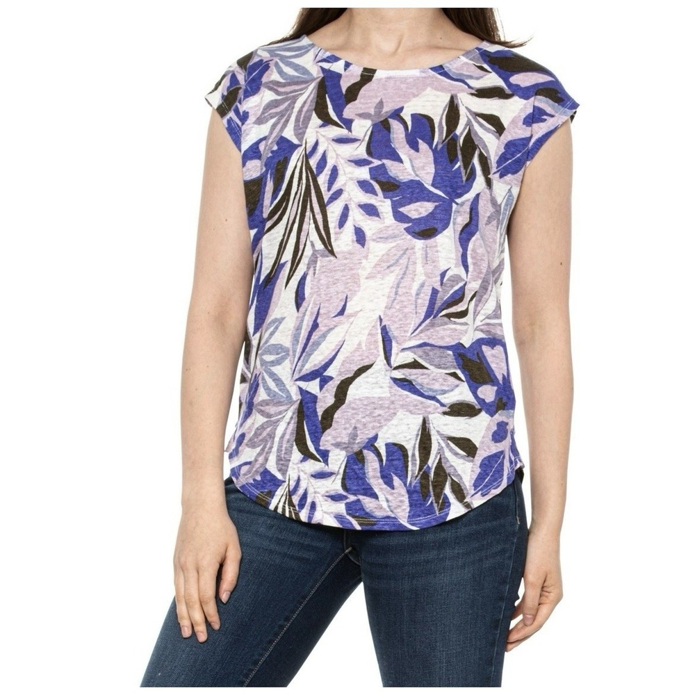 C & C California Large Purple Multicolor 100% Linen Short Cap Sleeves Top NWOT - Picture 6 of 11